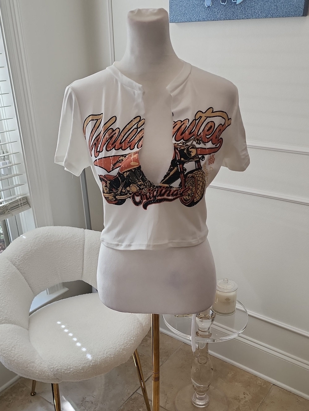 Fashion Nova White Motorcycle Graphic Keyhole Crop Top